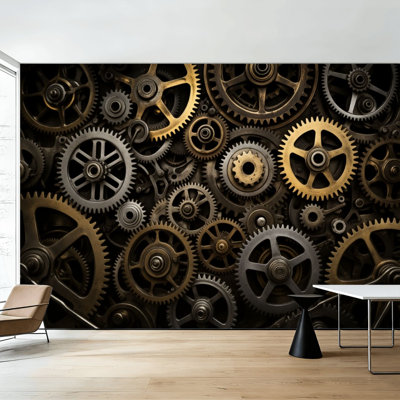 Papier peint à peler et coller engrenages en laiton à emboîtement engrenages mécaniques Steampunk Garage Man Cave Car Wall Murals H 100 po x l 144 po Papier mural amovible en PVC auto-adhésif pour le salon de la chambre Bureau à domicile