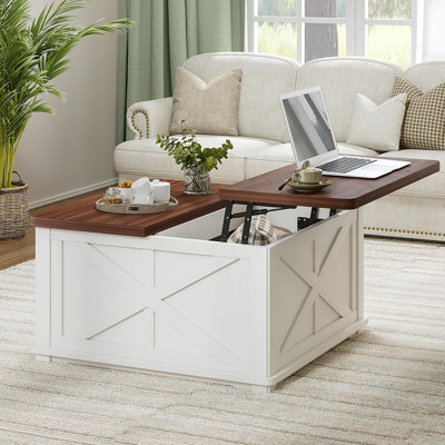 Table basse Farmhouse avec poussoir hydraulique, table basse carrée avec grand compartiment de rangement caché pour le salon, tables basses en bois avec couvercles rabattables bruns pour le bureau personnel, blanc