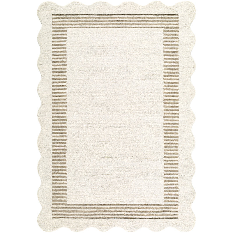 Tapis festonné fait à la main, Rectangle 10 pi x 14 pi, Noir/crème