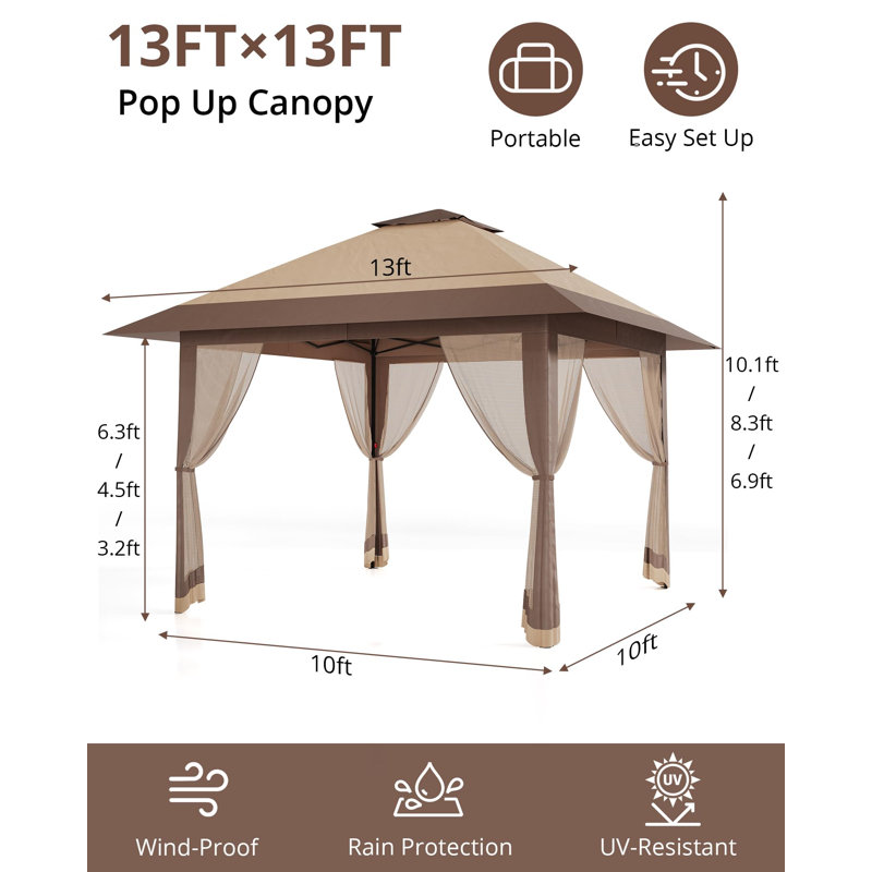 Heavy Duty 13x13 FT Pop-Up Gazebo Canopy, One-Button Double Roof Portable Patio Shelter with Mosquito Netting, 210D Flame-Retardant UV-Resistant Waterproof Steel Frame for Backyard Garden