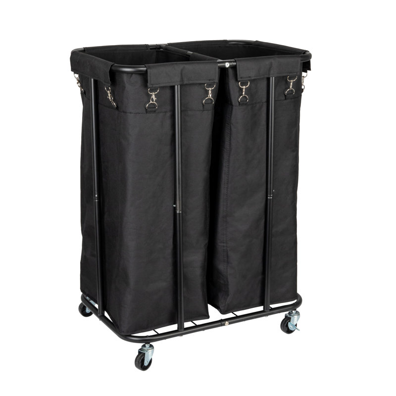 Black Metal 2-Bag Rolling Laundry Sorter with Wheels