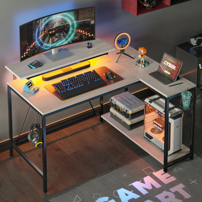42" W L-Shaped Reversible Gaming Desk with LED Lights and Monitor Stand