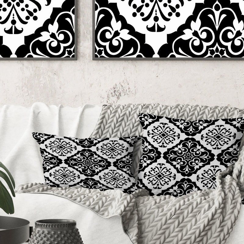 Coussin décoratif moderne noir et blanc à motif damassé III, H 16 po x l 16 po