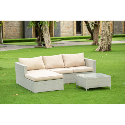 3 Piece Patio Furniture Set - Outdoor Sectional Sofa Set Contains a Rectangle Glass Top Bistro Wicker Tea Table and Linen Fabric Cushion , Natural Linen