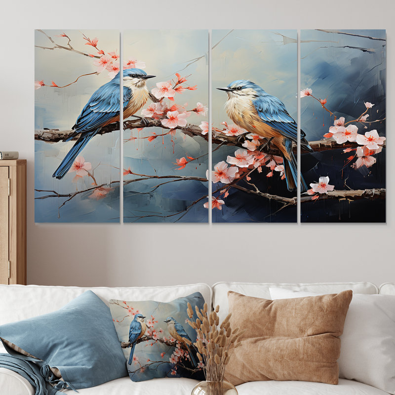 «Sakura Blue Birds on Pink Blossom Tree», art mural 4 pièces, H 32 po x l 64 po
