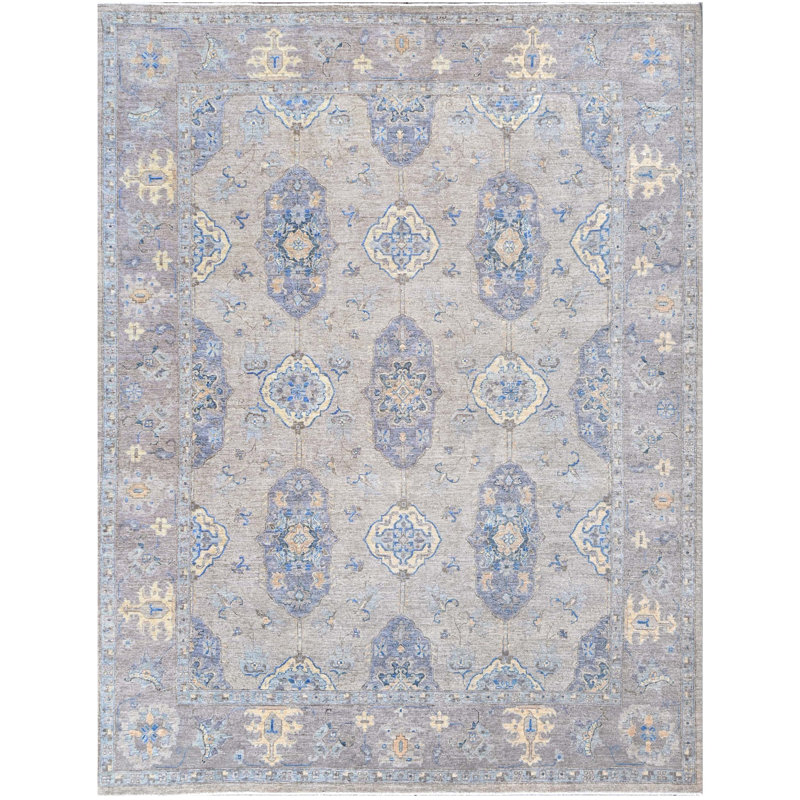 Tapis unique gris / bleu / jaune 8 pi x 9 pi 10 po