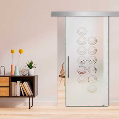Frameless Glass Sliding Barn Door with Sandblasted Modern Design + Hardware Kit (Semi-Private)