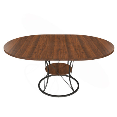 43 inch Round Dining Table for 4-6, Expandable Farmhouse Kitchen Table with Storage Shelf & Metal Base, Brown & Black Extendable Wood Table from 43 to