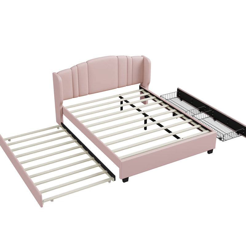 Lit plateforme tapissier rose avec tête de lit à oreilles et lit gigogne simple - sans sommier, 2 tiroirs pour une organisation supplémentaire