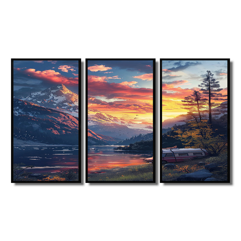 Ensemble de salon Caulkins - Camping Travel Wall Art, Cadre flottant noir, H 32 po x l 48 po x P 1 po