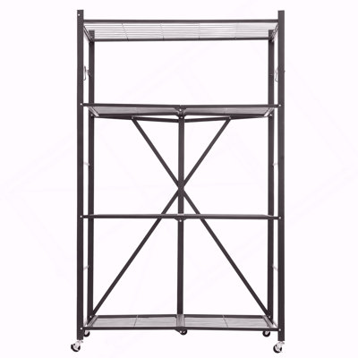 Folding Storage Shelf with Wheels 4-Tier No Assembly Organizer Shelf Black