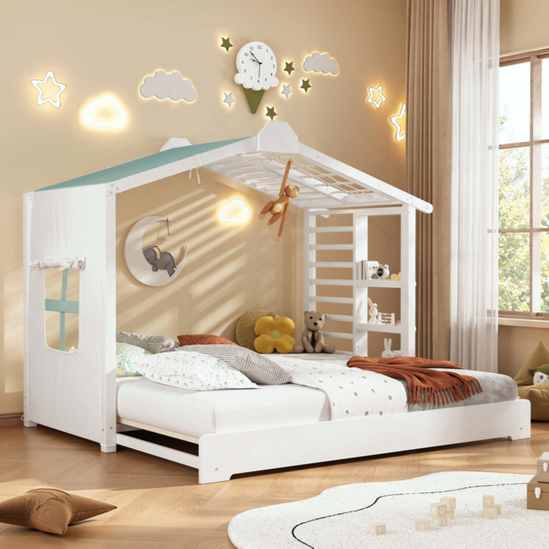Lit House avec lit gigogne et tablettes latérales, White