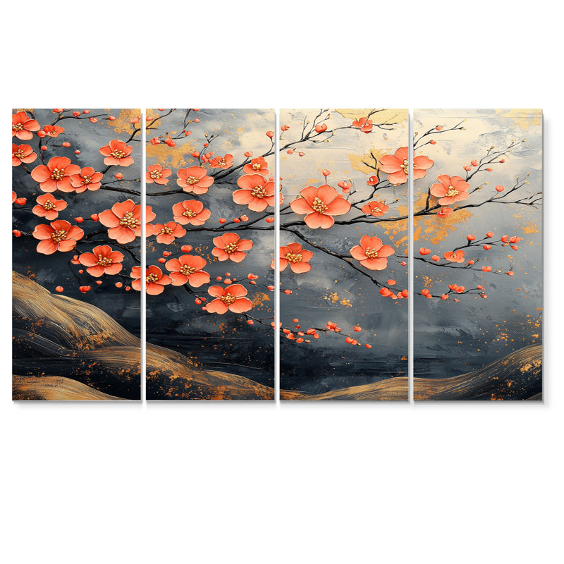«Orange Blossom Branch On Golden River II», ensemble de reproductions d'art mural cerisier en fleurs, H 28 po x l 48 po