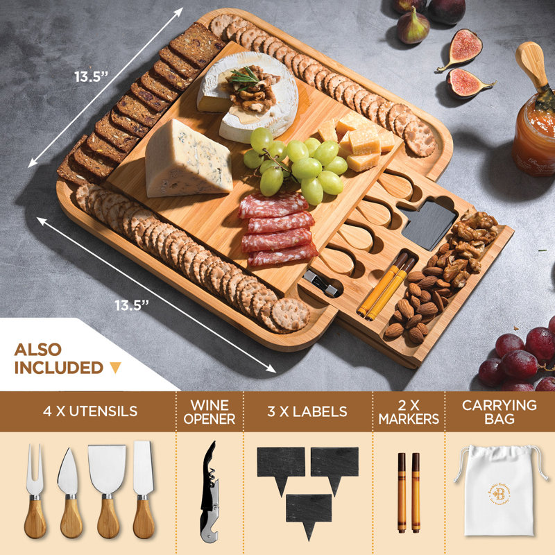 Ensemble de charcuterie avec couteaux à fromage - Planche à fromage en bambou pour servir la viande, le fromage et les craquelins - Cadeau de pendaison de crémaillère, de mariage et d'anniversaire parfait pour les femmes et les couples