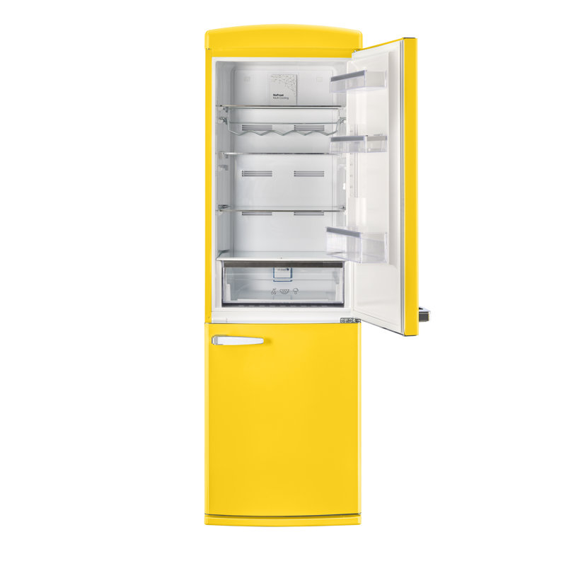 Canary Yellow Retro Bottom Freezer Refrigerator with Chrome Handles
