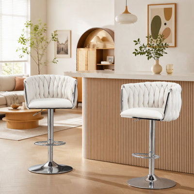 Tabourets de bar pivotants à 360 ° en tissu, ensemble de 2 avec hauteur ajustable et dossier tissé, pour îlot de cuisine, café et pub