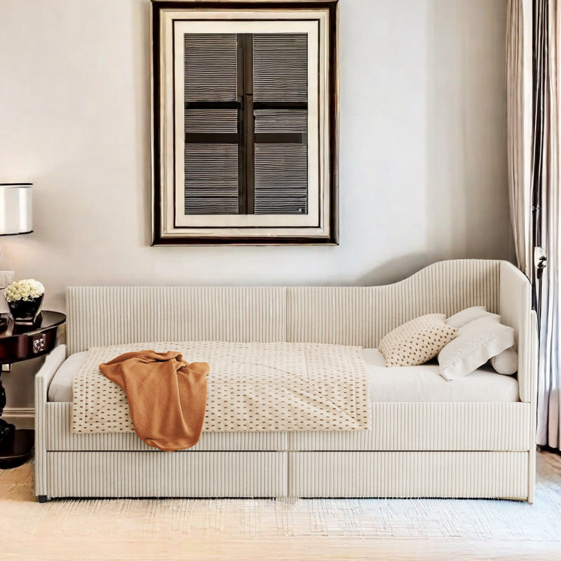 Ingatestone L-Shaped Corduroy Daybed with 2 Storage Drawers , Beige