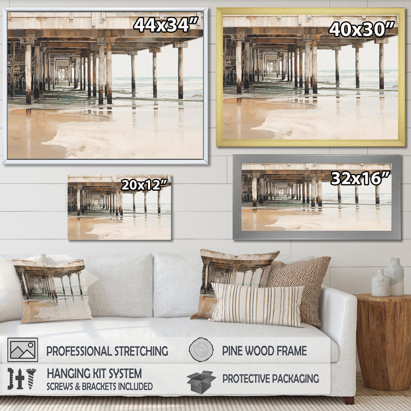 Minimalisme, jetée beige Horizon I - Coastal Pier, art mural large, H 16 po x l 32 po x P 1 po, Cadre naturel flottant