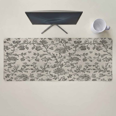 Tapis de souris gris style ferme pour clavier et souris, motif floral vintage, grande taille, base antidérapante, idéal pour le jeu, le bureau ou la maison, 30 x 70 cm. Livré avec une tasse blanche.