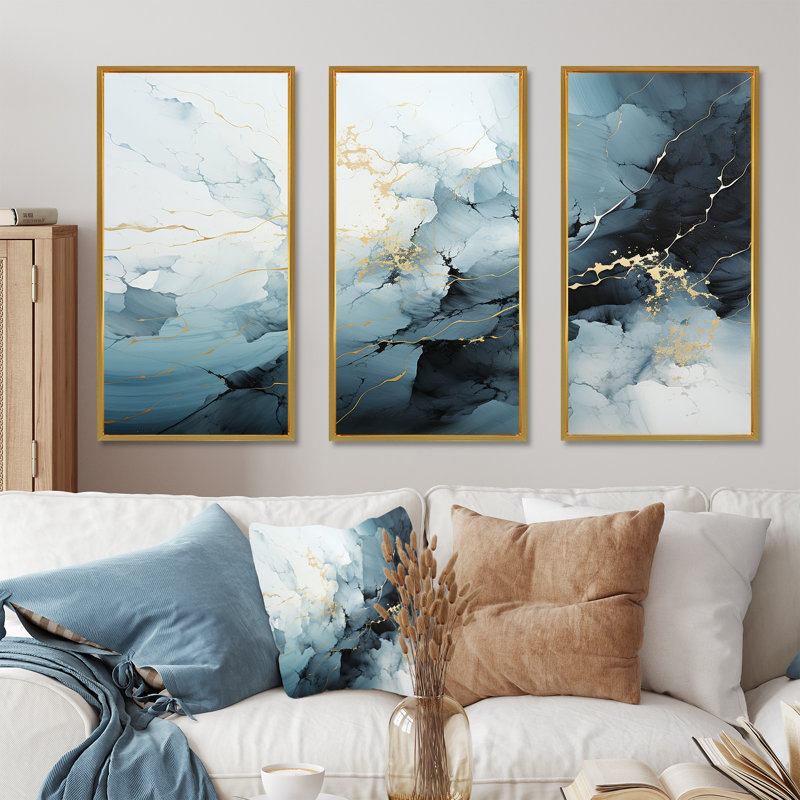 Ensemble de salon bleu et blanc Snow Blooming III - Formes abstraites, Cadre flottant doré, H 32 po x l 48 po x P 1 po