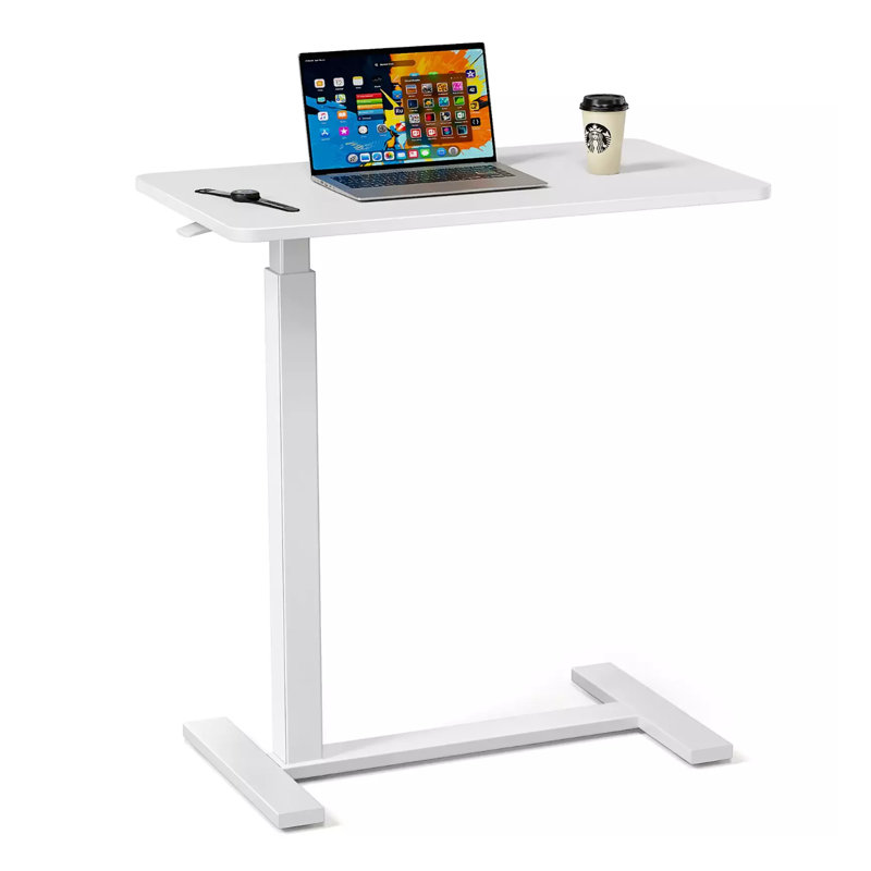 Overbed Bedside Sofa Table with Hidden Wheels Adjustable Height for Bedroom Desk, White