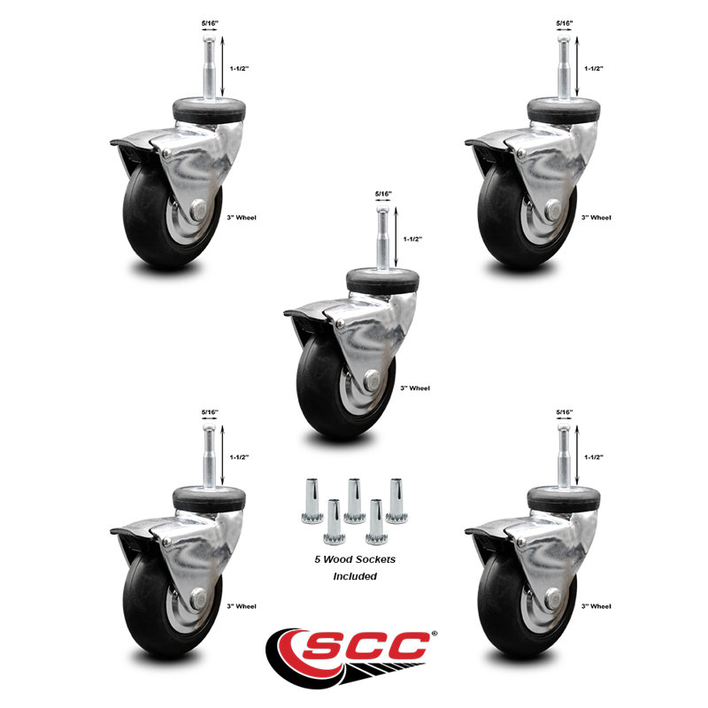 3 Inch Chrome Hooded Neoprene Rubber Grip Ring Stem Casters with Brake Set 5 SCC