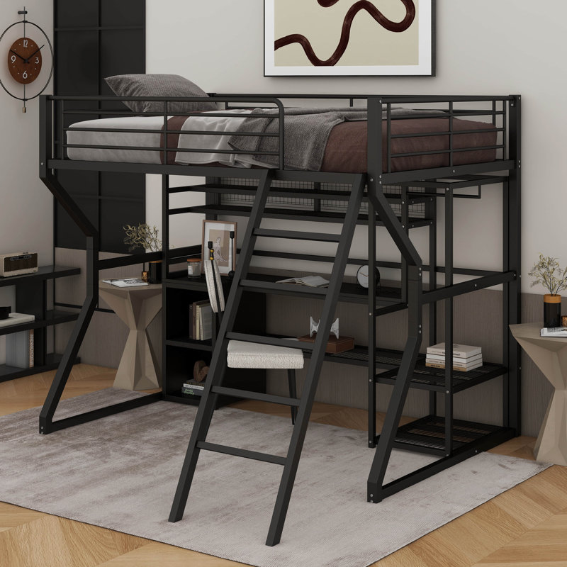 Lit mezzanine double en métal avec poste de travail intégré, garde-robe ouverte, DEL et rangement multiple