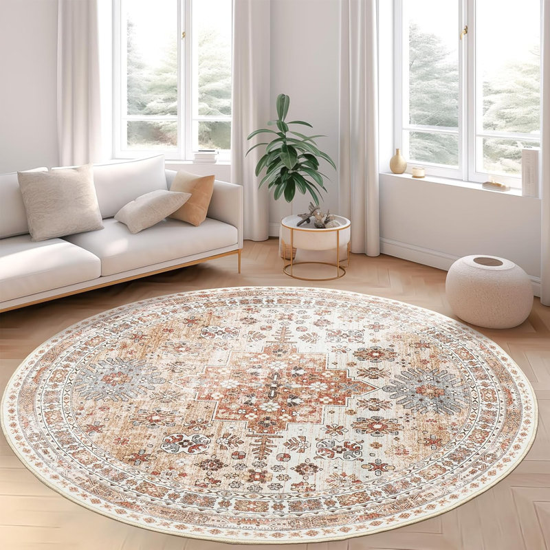 Medallion Non Slip Washable Rug(Orange), Round 4'