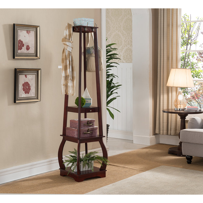 Entryway Coat Rack with Storage Shelves & Drawer, Cherry