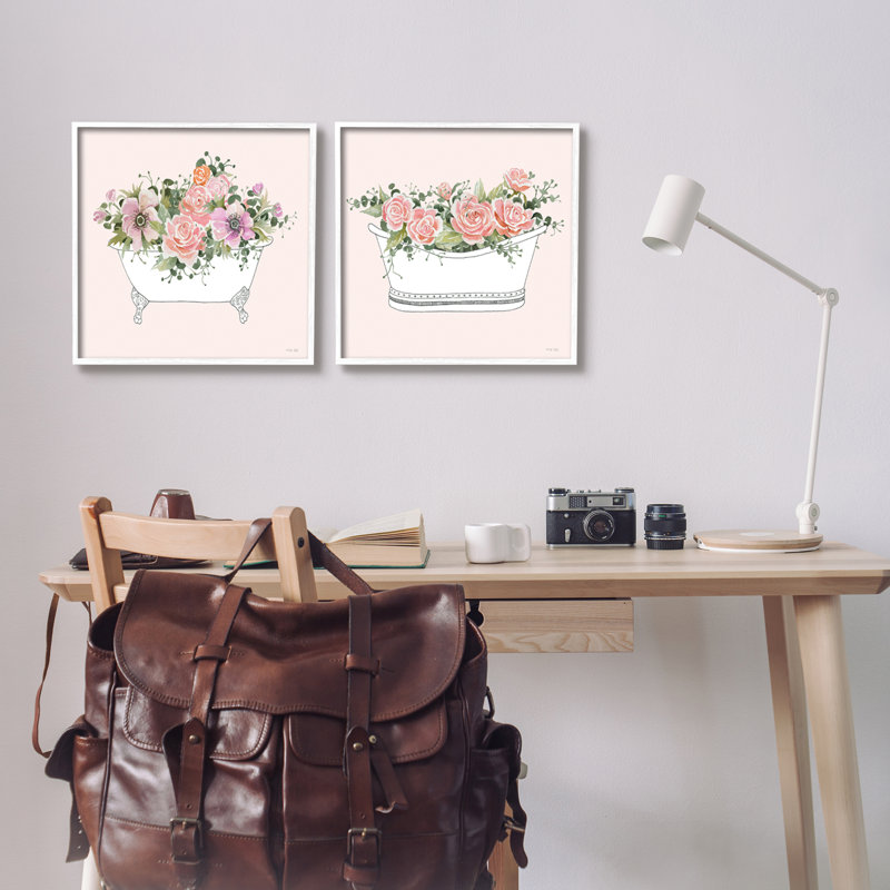 "Pink Floral Rose Blooms Bathaign Bathroom Botanicals" par - ensemble de 2 impressions sur toile flottante, Blanc