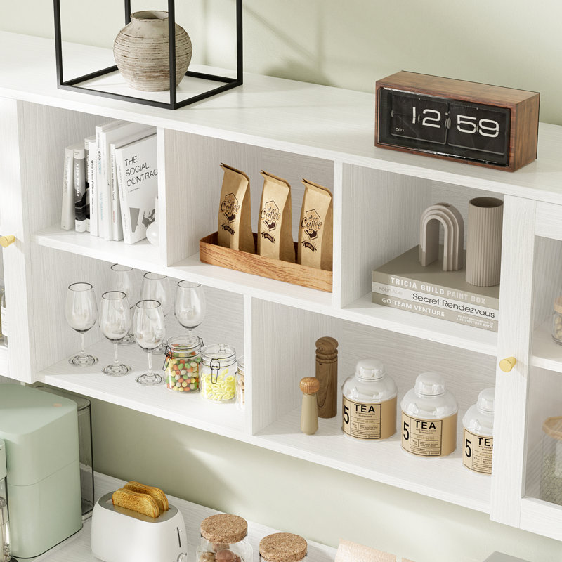 Large Kitchen Hutch Cabinet, Storage Cupboard Pantry With 4 Glass Doors, 4 Drawers & Microwave Shelf, White