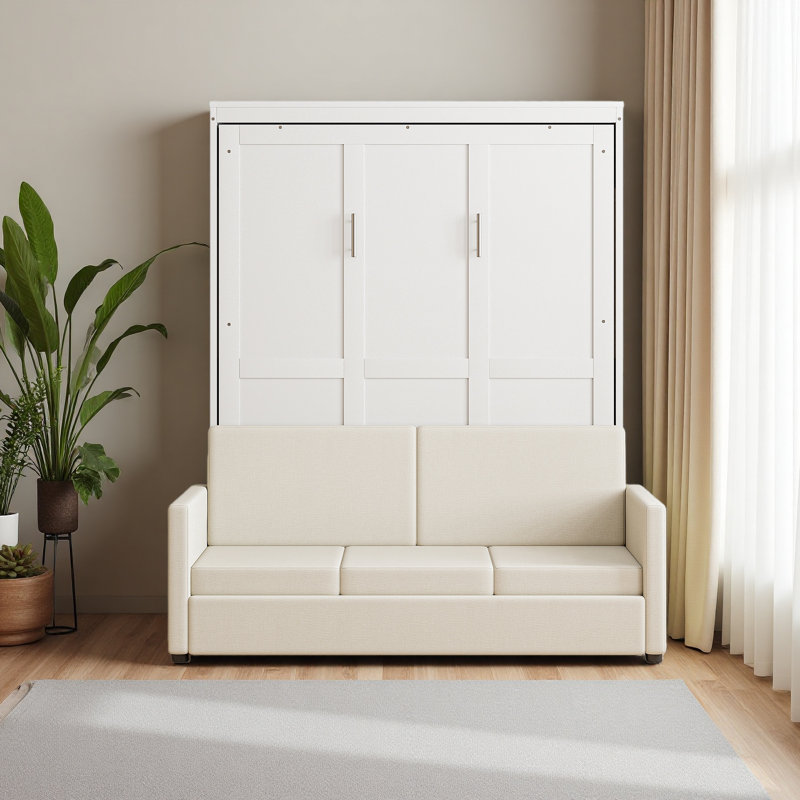 Lit escamotable double pleine grandeur avec coussin, Blanc