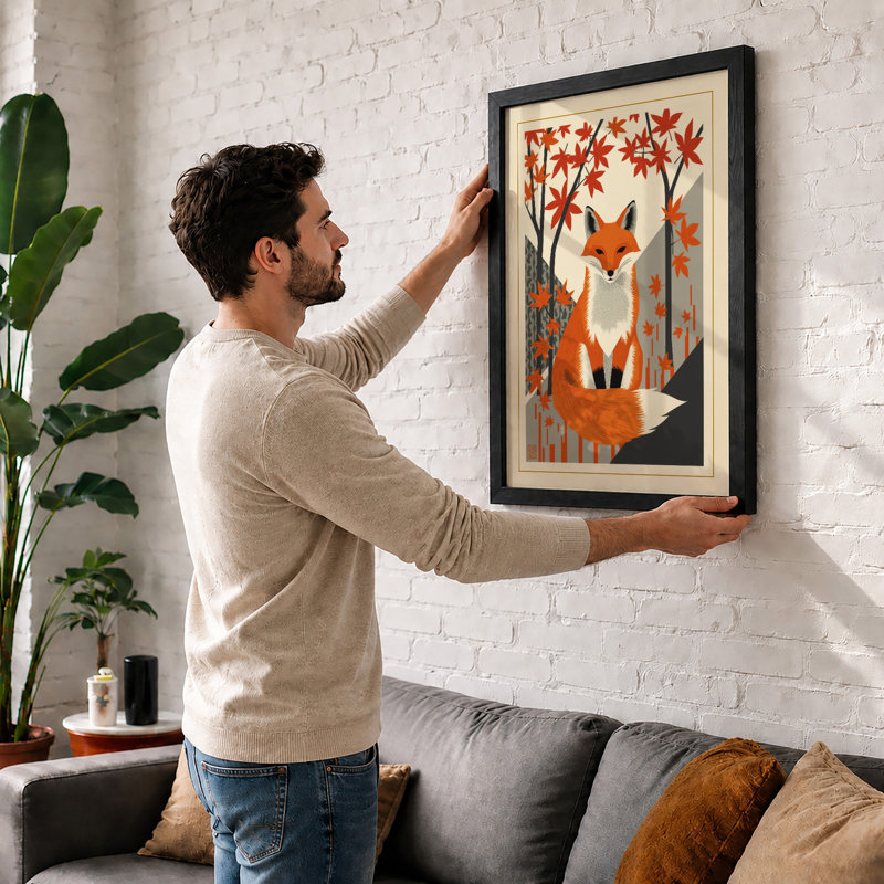 Fox Among Maples Japandi - Framed Print, Oak, A3 - 42.0 x 29.7 cm