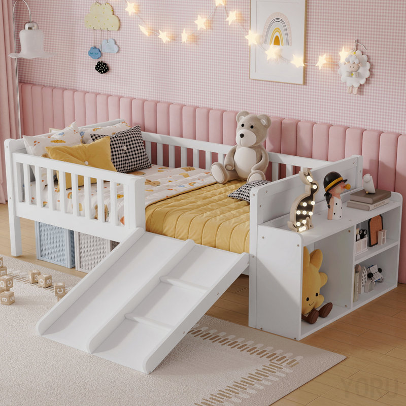 Lit mezzanine simple bas avec glissière, rangement de bibliothèque mobile, White