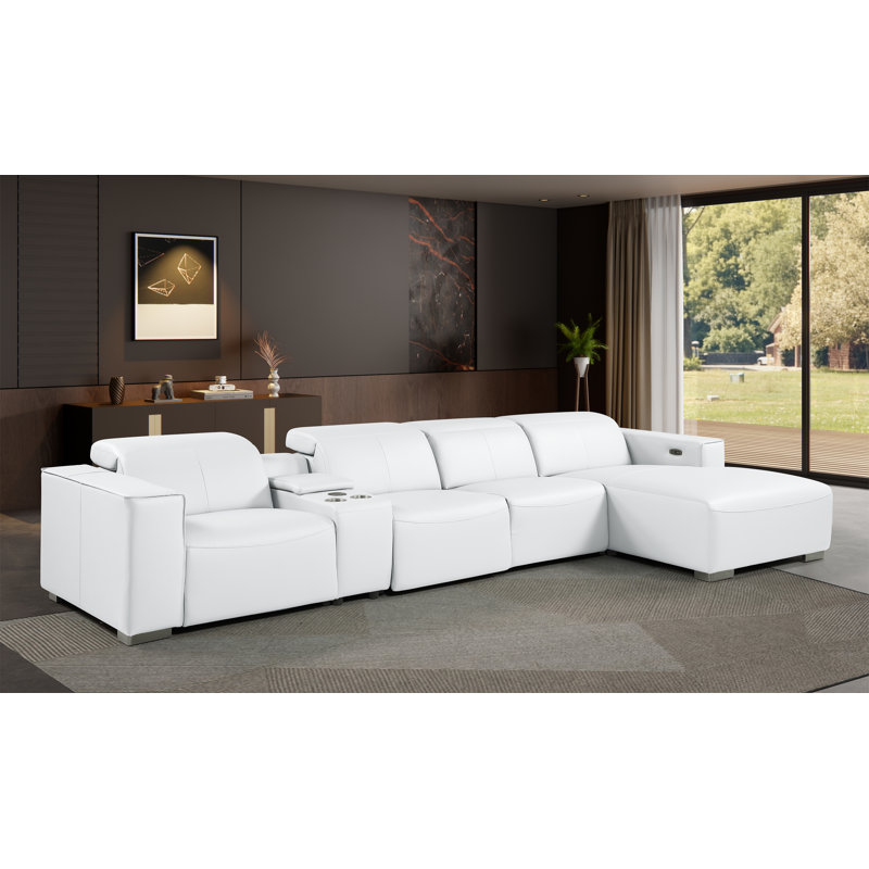 Canapé modulaire en L en cuir véritable 5 pièces WHITE avec 1 fauteuil inclinable électrique et appuie-tête réglables WHITE