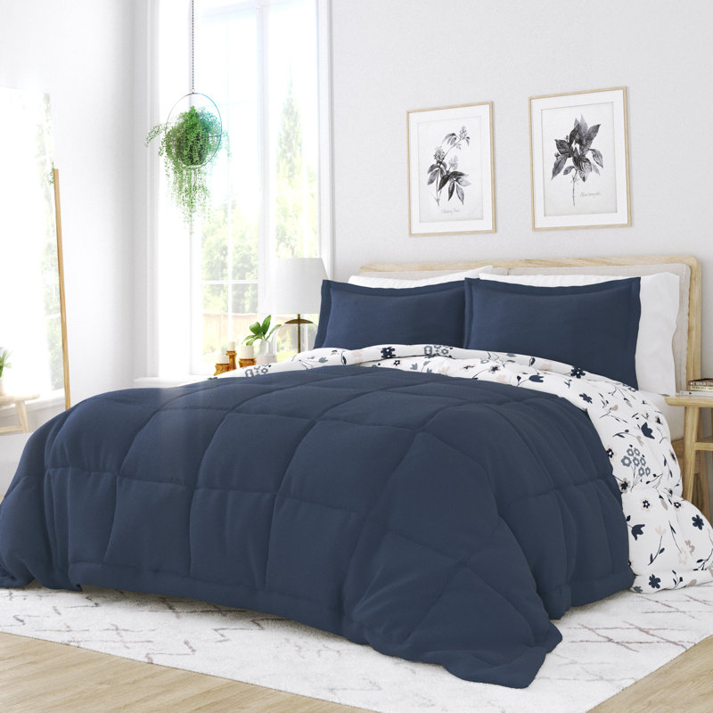 Twin Navy Floral Down Alternative Reversible Comforter Set