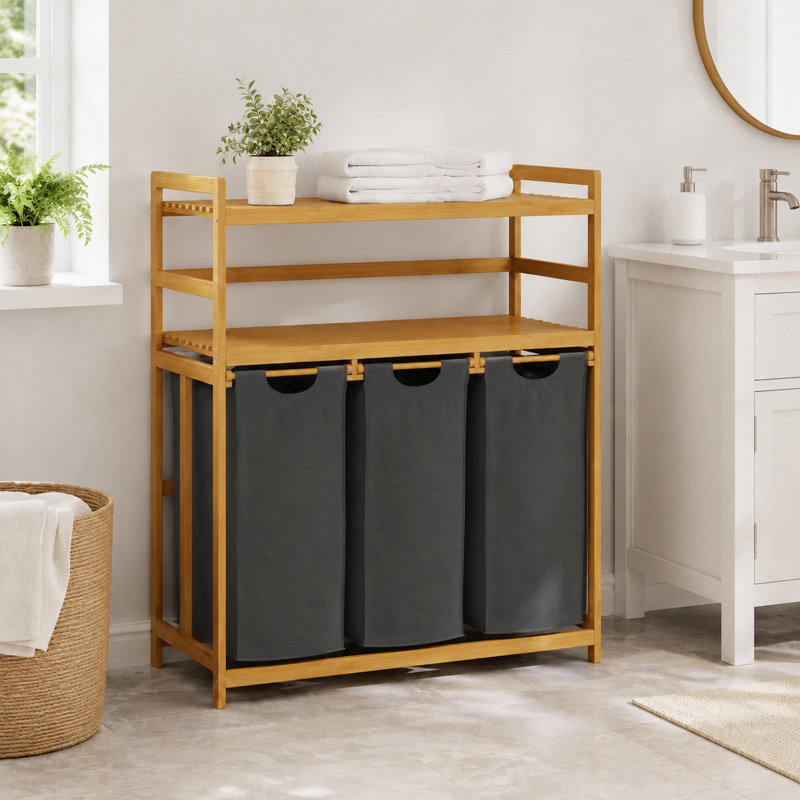 Panier à linge et tablette de rangement en bambou avec panier à linge à 3 compartiments, Gris foncé, 3 - 2 niveaux