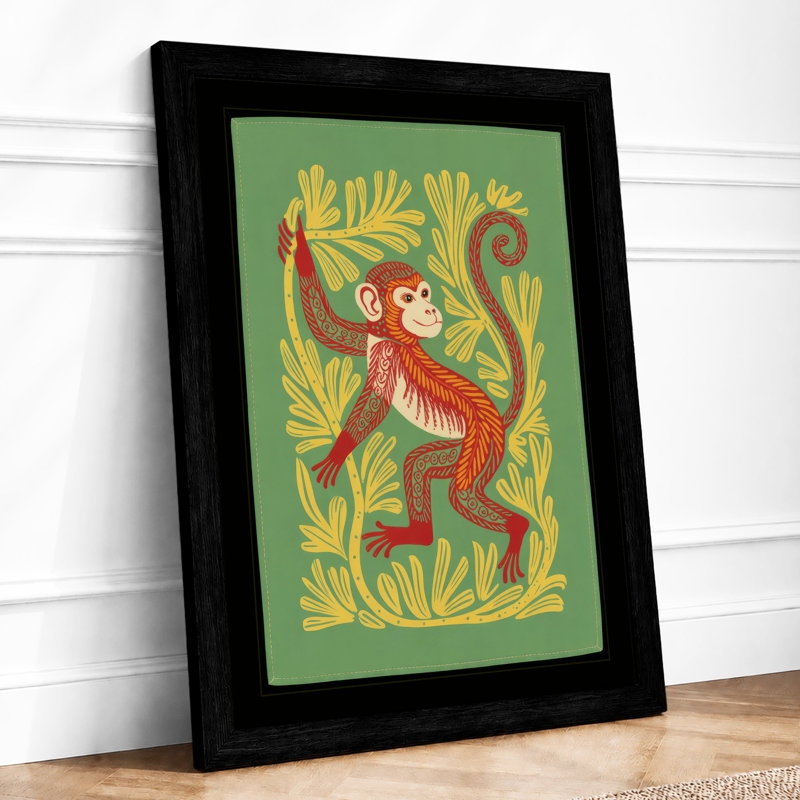 Monkey in Golden Vine Boho - Framed Print, A3 - 42.0 x 29.7 cm, Black