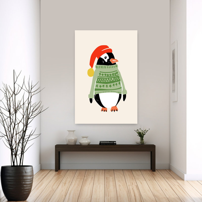 Jolly Christmas Penguin Contemporary Bird Penguin Winter Wall Art Print 1 Piece Wrapped Canvas Wall Art