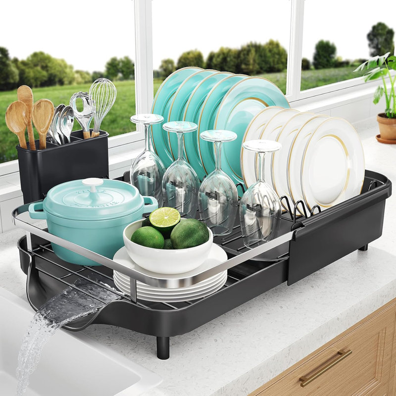 Adjustable Stainless Steel Dish Drying Rack With Cutlery Holder For Kitchen Countertops, Matte Black
