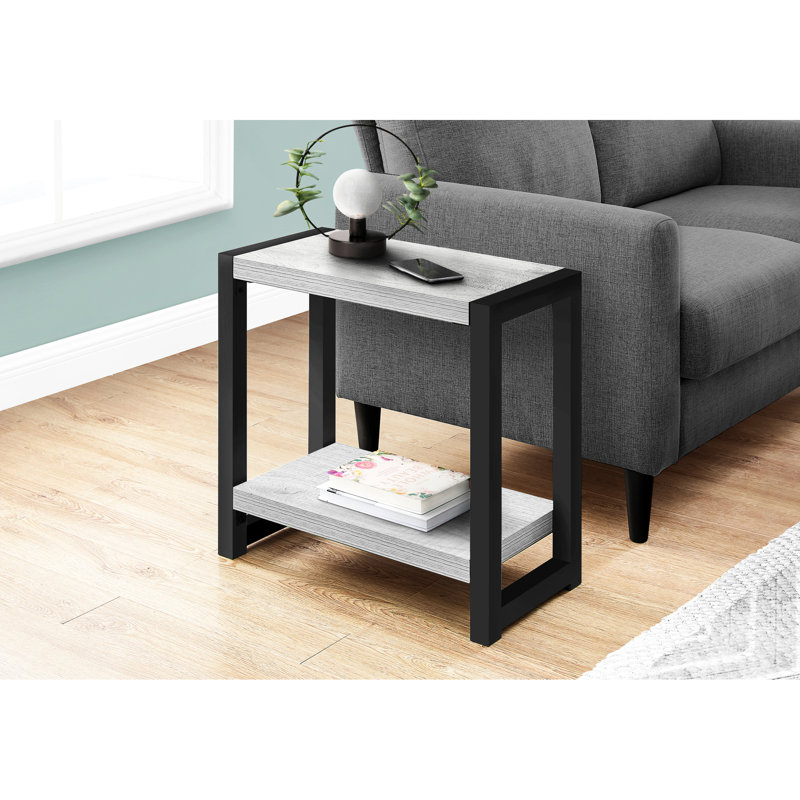 Table d'appoint, côté, bout, étroit, petit, 2 niveaux, stratifié gris, métal noir, contemporain, moderne