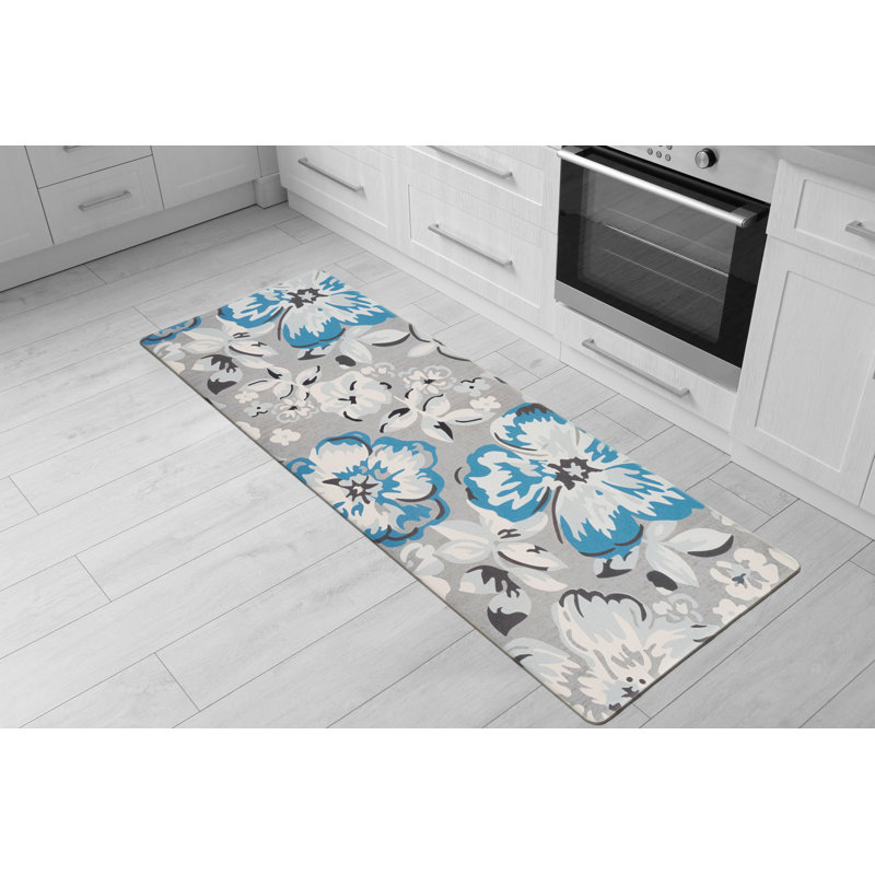 Blue and Gray Floral Anti-Fatigue Kitchen Mat