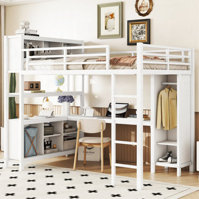 Lit mezzanine en métal avec garde-robe et bureau en forme de L, lit mezzanine double avec cubes de rangement et tablettes, lit mezzanine robuste pour enfants, adolescents, adultes, blanc