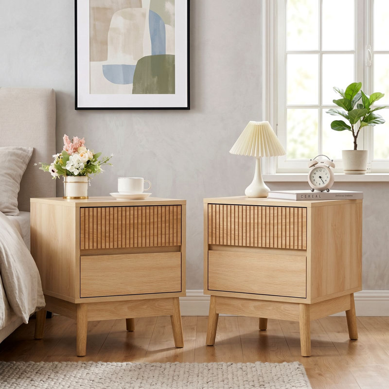 Grooved Wooden Nightstands With 2 Drawers , Set of 2 