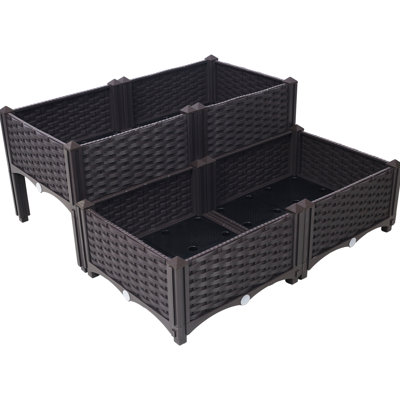 Pot de café surélevé brun avec arrosage automatique - 4 pièces en polypropylène. Drainage optimal. Montage facile. Jardinière sur pieds. Idéal pour les fleurs, les herbes aromatiques et les légumes. Caractéristiques : trou de drainage.
