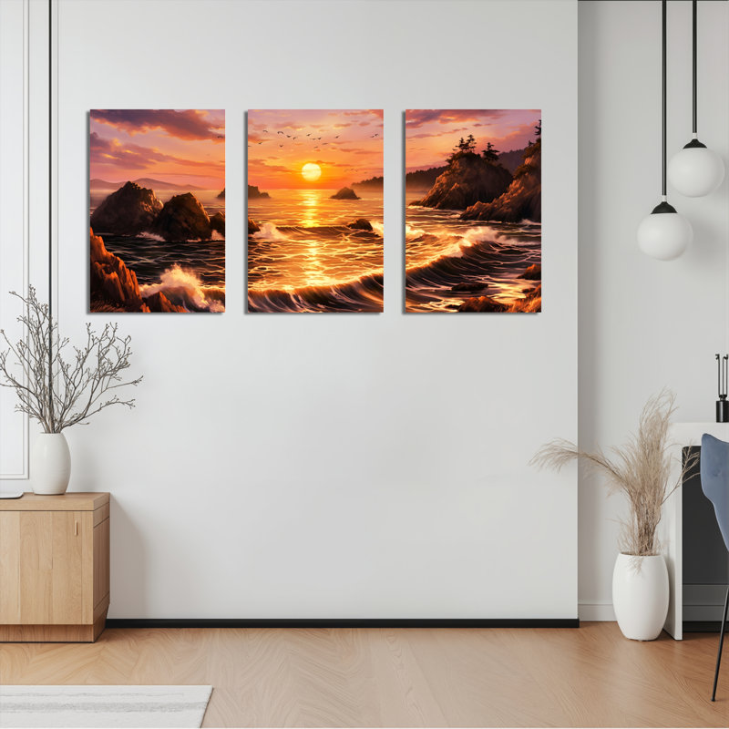 Ensemble de 3 toiles murales représentant un paysage de vagues au coucher du soleil, 1218