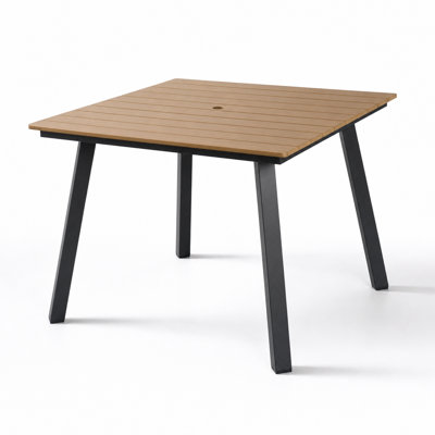 Square Patio Dining Table with Built-In Umbrella Hole, Heavy-Duty Iron Frame Wood-Plastic Composite Tabletop, All-Weather Resistant Indoor Outdoor Dining Table for Garden, Balcony, Backyard, Deck, Porch