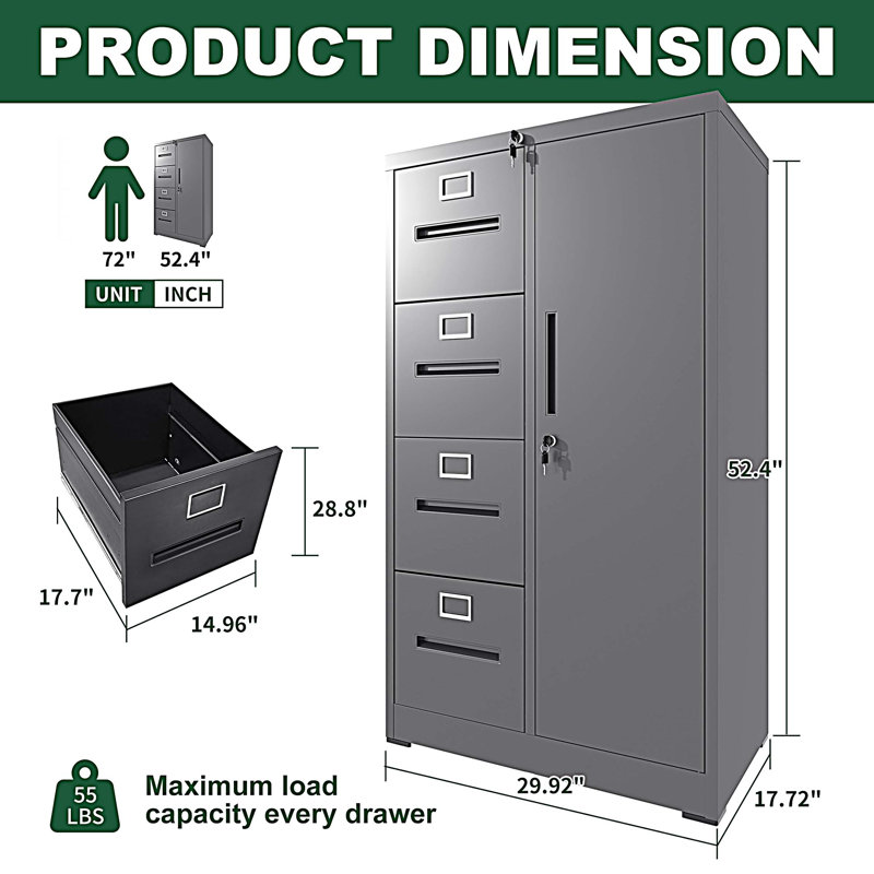 Metal Storage Vertical Filing Cabinet with Lock, Steel File Locker with 4 Drawers and 1 door, Black