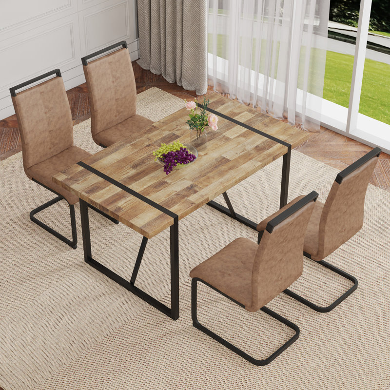  Ensemble de 5 tables de salle à manger de style rétro avec technologie Chaises en tissu et pieds arqués en métal noir, brun