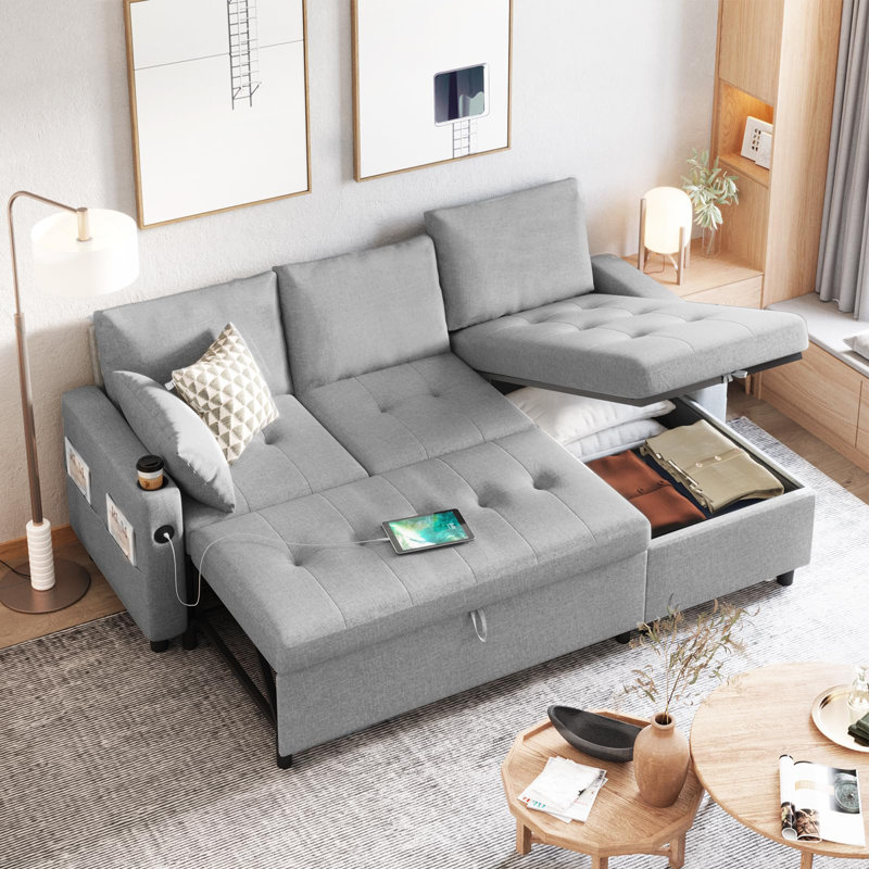 83.5''sleeper Sofa Couch With Pullout Bed, L-shaped Convertible Couches, Gray Fabric